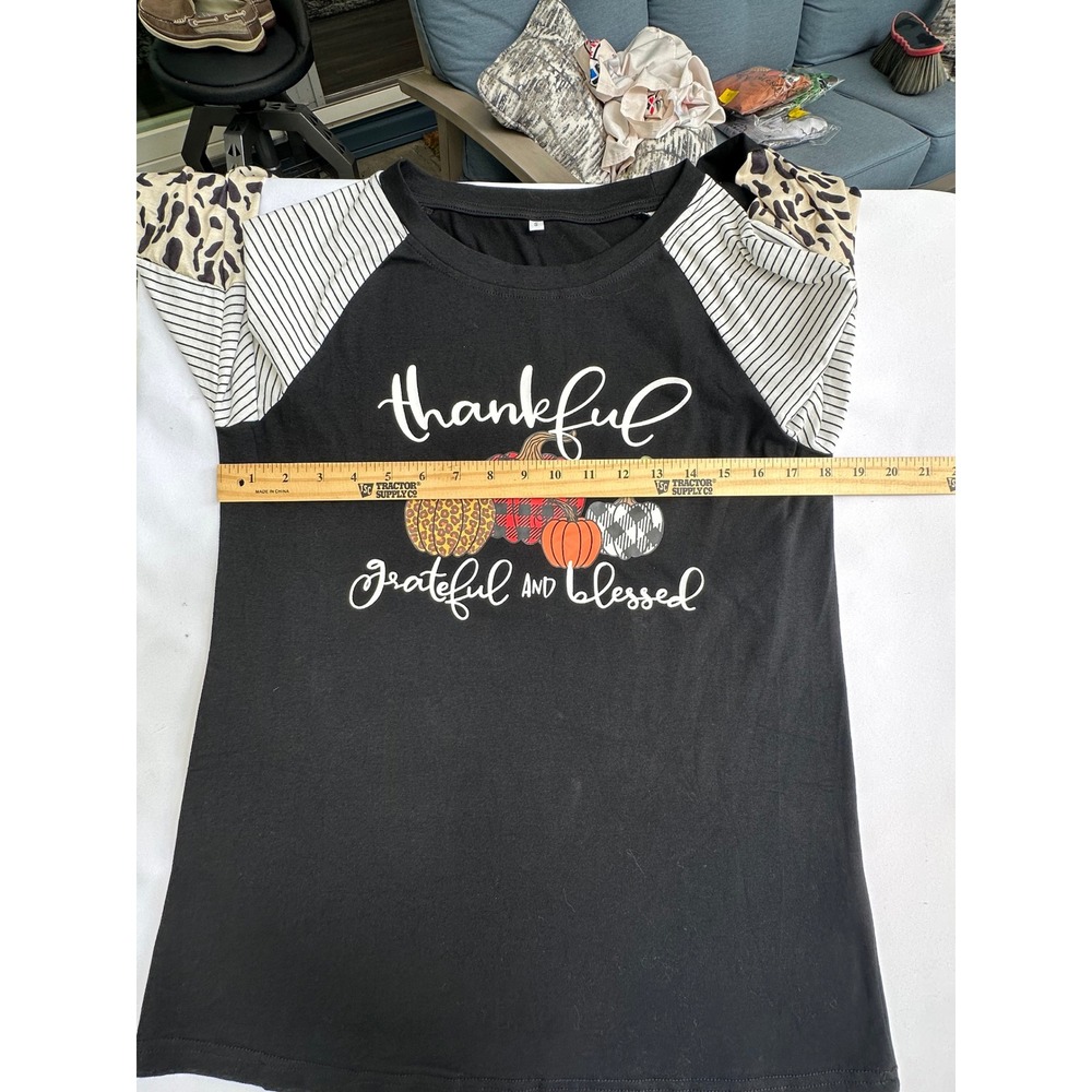 Unbranded Raglan Top Women Black Thanksgiving Pumpkin Mixed Print Sleeve Graphic - Picture 13 of 13